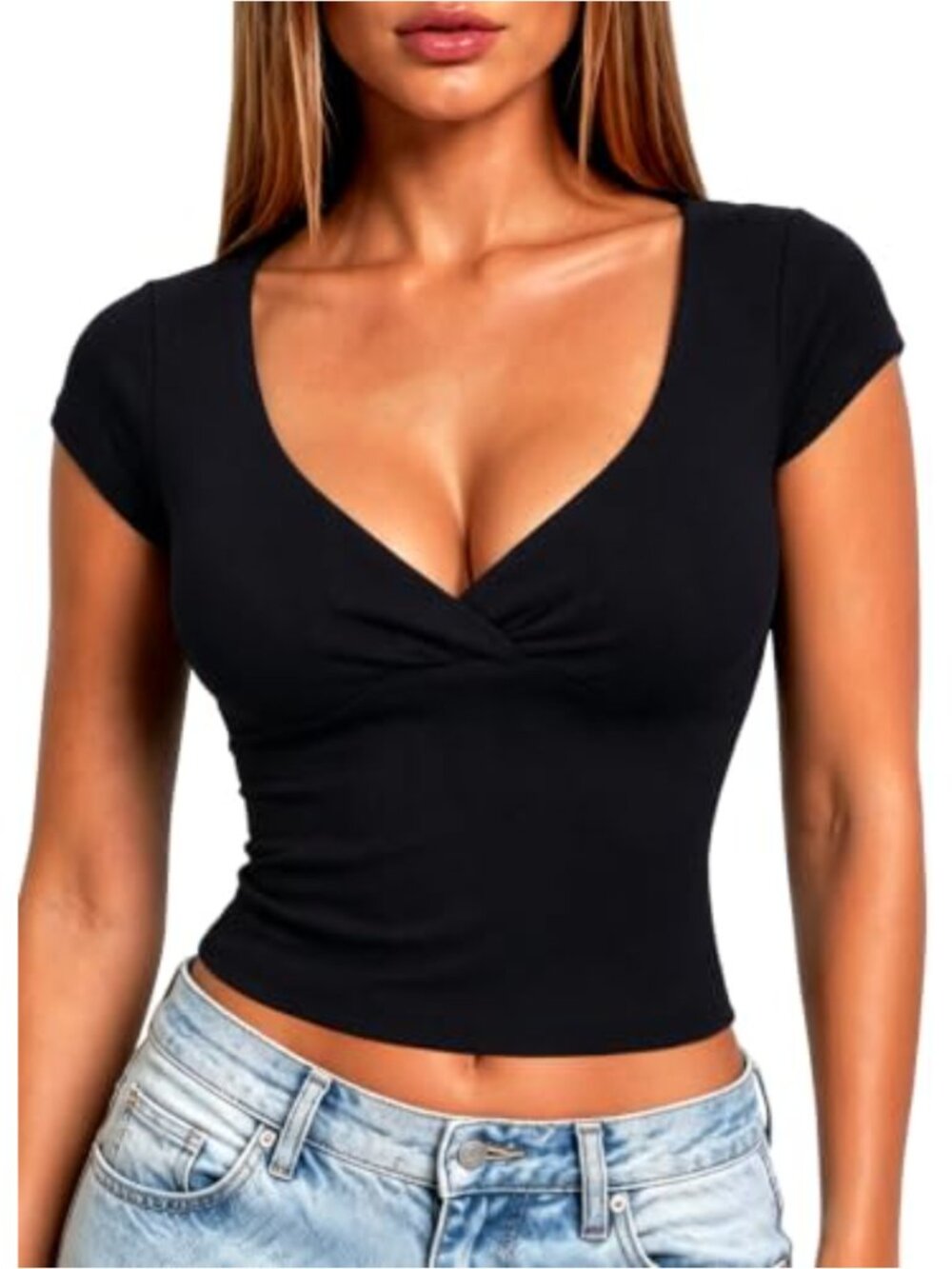 HAWILAND Women Ribbed Cap Sleeve Crop Top V Neck Fitted Clubwear Tee